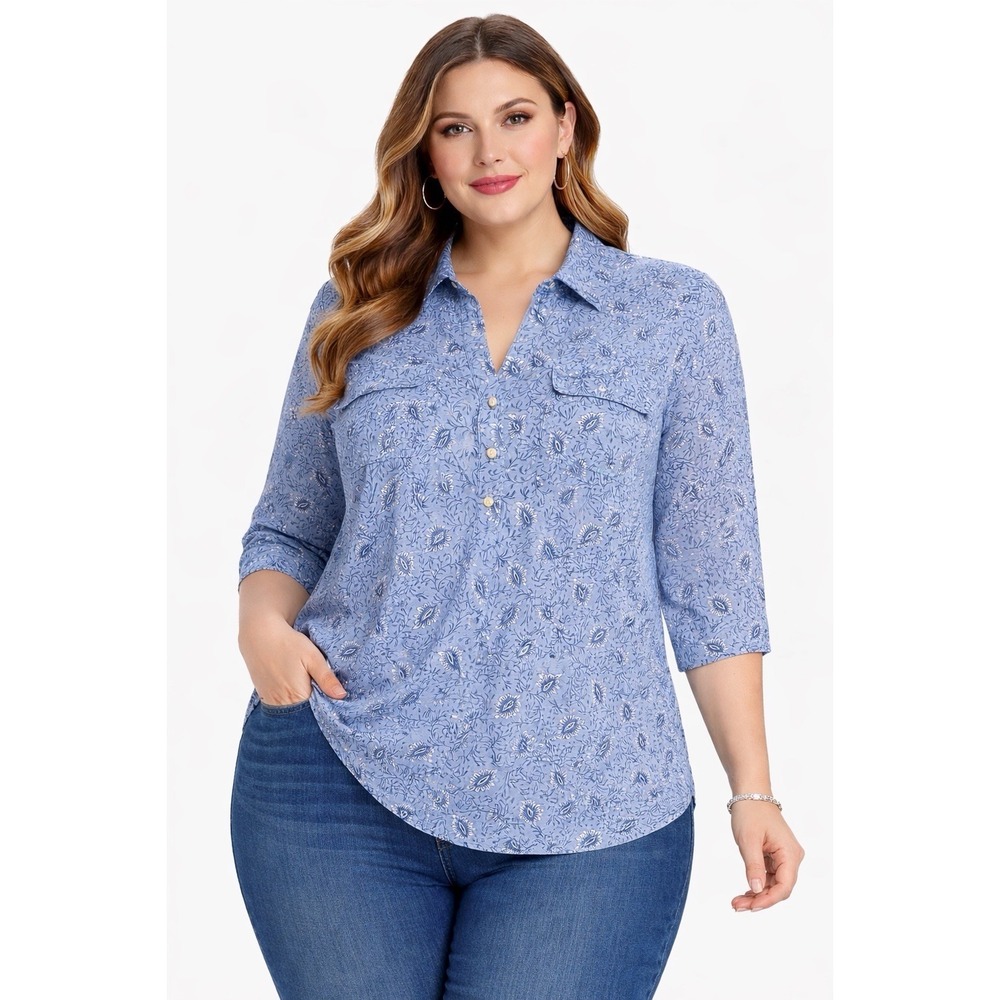 Lily Morgan Women's  2X Blue Paisley‎ Button Front Blouse Short Sleeve Casual